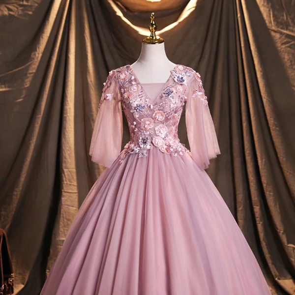 Elegante Rosa Applikationen Perlenstickerei Spitze Blumen Ballkleider 2021 Eckiger Ausschnitt 3/4 Ärmel Rückenfreies Lange Festliche Kleider