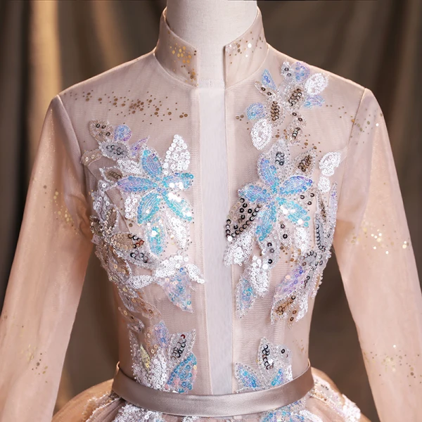 Chic / Belle Rougissant Rose Paillettes Robe De Bal 2021 Robe Boule Col Haut Manches Longues Dos Nu Ceinture Longue Robe De Ceremonie