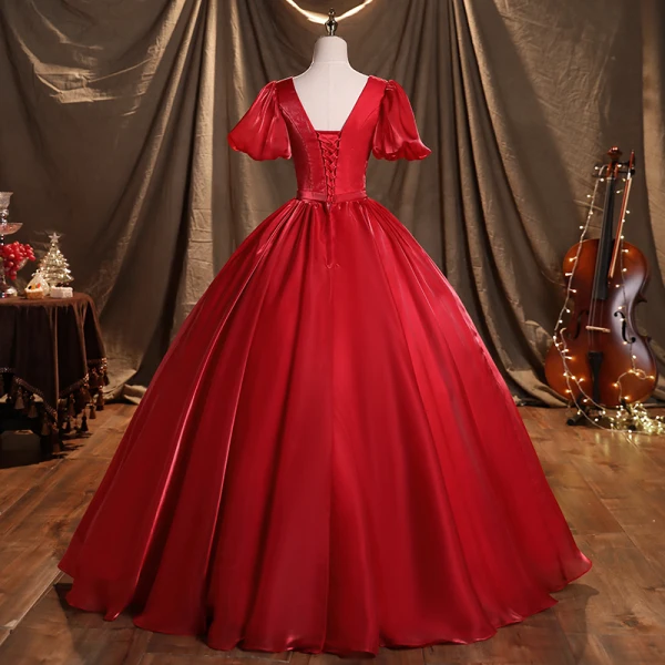 Ethnic Red Satin Prom Dresses 2021 Ball Gown Scoop Neck Short Sleeve Backless Sash Floor-Length / Long Formal Dresses