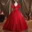 Ethnic Red Satin Prom Dresses 2021 Ball Gown Scoop Neck Short Sleeve Backless Sash Floor-Length / Long Formal Dresses