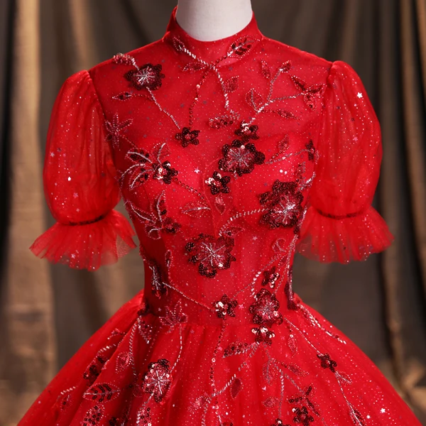 Scintillantes Rouge Robe De Bal Princesse 2021 Col Haut Perlage Étoile Paillettes Manches de cloche Dos Nu Longue Robe De Ceremonie