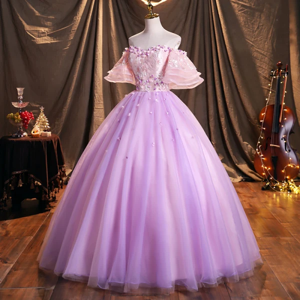 Flower Fairy Lavender Prom Dresses 2021 Ball Gown Off-The-Shoulder Sequins Lace Flower Appliques Backless Bell sleeves Floor-Length / Long Formal Dresses