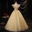 Charming Champagne Prom Dresses 2021 Ball Gown V-Neck Appliques Pearl Sequins Lace Flower Sleeveless Backless Floor-Length / Long Formal Dresses