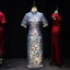 Chinese style Navy Blue Embroidered Satin Cheongsam 2021 Trumpet / Mermaid High Neck Beading Tassel Short Sleeve Ankle Length Cheongsam / Qipao
