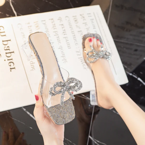 Sexy Black Casual Rhinestone Bow Womens Sandals Slipper & Flip flops 2021 5 cm Stiletto Heels Open / Peep Toe High Heels