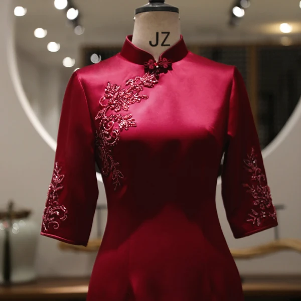 Chinese style Burgundy Satin Cheongsam 2021 Trumpet / Mermaid High Neck Beading Sequins 3/4 Sleeve Ankle Length Cheongsam / Qipao