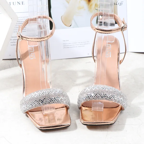 Sexy White Cocktail Party Evening Party Womens Sandals 2021 Ankle Strap Rhinestone 9 cm Open / Peep Toe Stiletto Heels Sandals High Heels