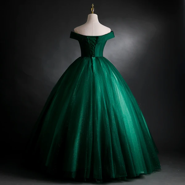 Elegant Dark Green Prom Dresses 2021 Ball Gown Off-The-Shoulder Beading Sequins Lace Flower Sleeveless Backless Floor-Length / Long Formal Dresses