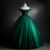 Elegant Dark Green Prom Dresses 2021 Ball Gown Off-The-Shoulder Beading Sequins Lace Flower Sleeveless Backless Floor-Length / Long Formal Dresses