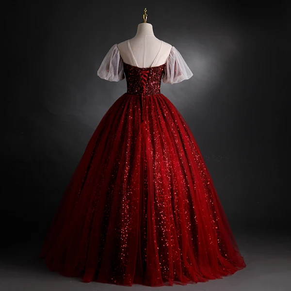 Sparkly Burgundy Sequins Prom Dresses 2021 Ball Gown V-Neck Beading Short Sleeve Backless Floor-Length / Long Formal Dresses