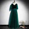 Vintage / Retro Dark Green Prom Dresses 2021 A-Line / Princess V-Neck 1/2 Sleeves Backless Floor-Length / Long Prom Formal Dresses