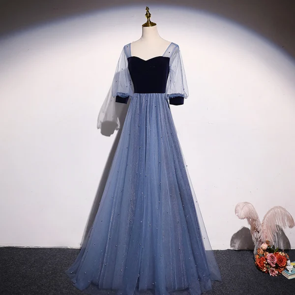 Elegant Ocean Blue Suede Pearl Prom Dresses 2021 A-Line / Princess Square Neckline 1/2 Sleeves Backless Floor-Length / Long Prom Formal Dresses