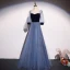 Elegant Ocean Blue Suede Pearl Prom Dresses 2021 A-Line / Princess Square Neckline 1/2 Sleeves Backless Floor-Length / Long Prom Formal Dresses