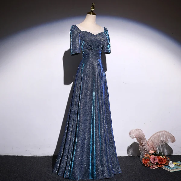 Scintillantes Océan Bleu Glitter Robe De Bal 2021 Princesse Encolure Carrée Manches Courtes Dos Nu Longue Promo Robe De Ceremonie