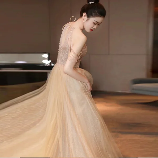 Charming Champagne Prom Dresses A-Line / Princess 2021 Halter Beading Tassel Sleeveless Backless Floor-Length / Long Prom Formal Dresses
