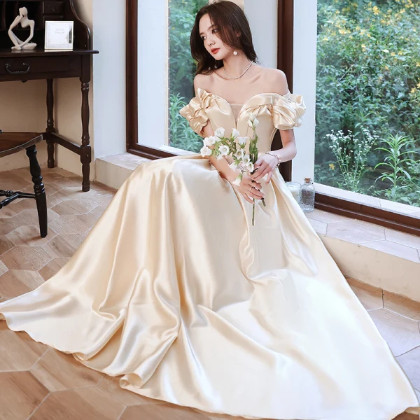 Fashion Champagne Satin Prom Dresses 2021 A-Line / Princess Ruffle Off-The-Shoulder Pearl Sash Short Sleeve Backless Floor-Length / Long Prom Formal Dresses