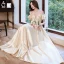 Fashion Champagne Satin Prom Dresses 2021 A-Line / Princess Ruffle Off-The-Shoulder Pearl Sash Short Sleeve Backless Floor-Length / Long Prom Formal Dresses