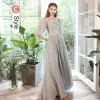 Modest / Simple Grey Graduation Dresses 2021 A-Line / Princess Scoop Neck Backless Floor-Length / Long Bridesmaid Short Sleeve Formal Dresses