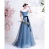 Chic / Beautiful Pool Blue Glitter Prom Dresses 2021 A-Line / Princess Off-The-Shoulder Short Sleeve Backless Bow Floor-Length / Long Prom Formal Dresses