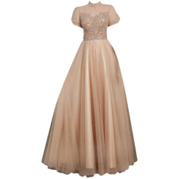 Charmant Doré Étoile Paillettes Robe De Bal 2021 Princesse Col Haut Perlage Manches Courtes Dos Nu Noeud Longue Promo Robe De Ceremonie