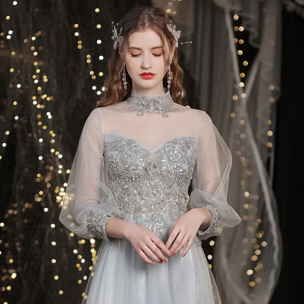 Elegant Grey Beading Evening Dresses Prom Dresses 2021 A-Line / Princess High Neck Appliques Lace Flower Pearl 3/4 Sleeve Backless Floor-Length / Long Prom Formal Dresses