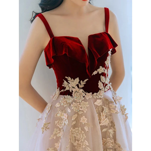 Chic / Belle Bordeaux Daim Robe De Bal 2021 Princesse Bretelles Spaghetti Perlage En Dentelle Fleur Sans Manches Dos Nu Longue Promo Robe De Ceremonie