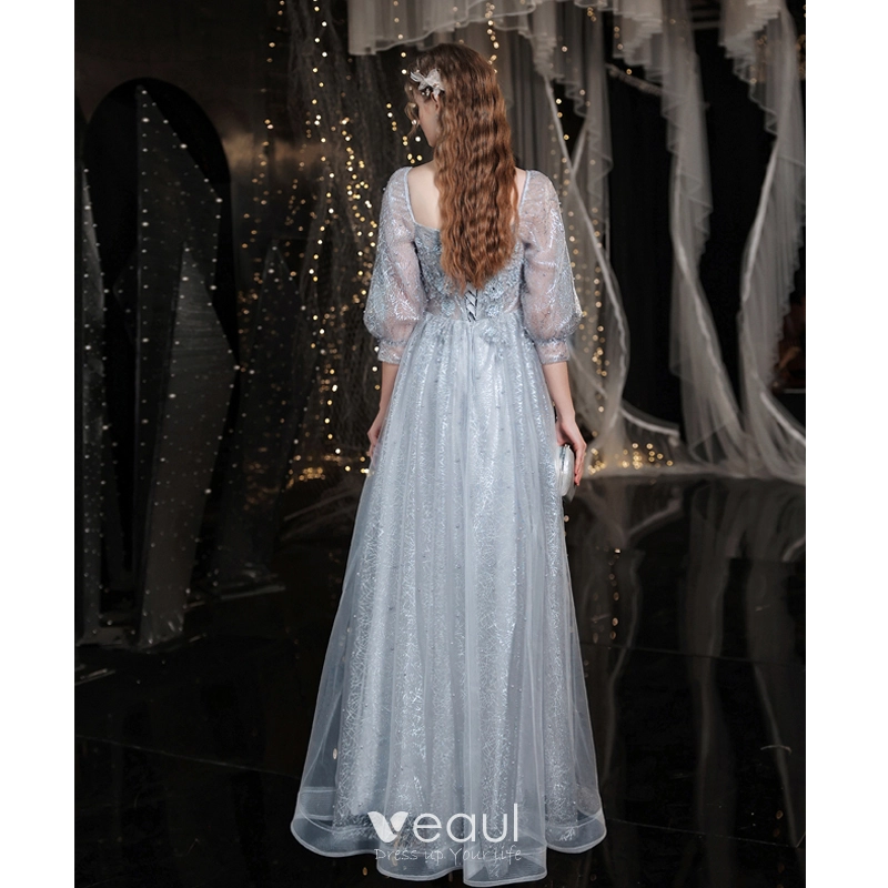 Sparkly Silver Beading Sequins Rhinestone Evening Dresses Prom Dresses 2021 A Line Princess Square Neckline Lace Flower 3 4 Sleeve Backless Floor Length Long Evening Party Prom Formal Dresses