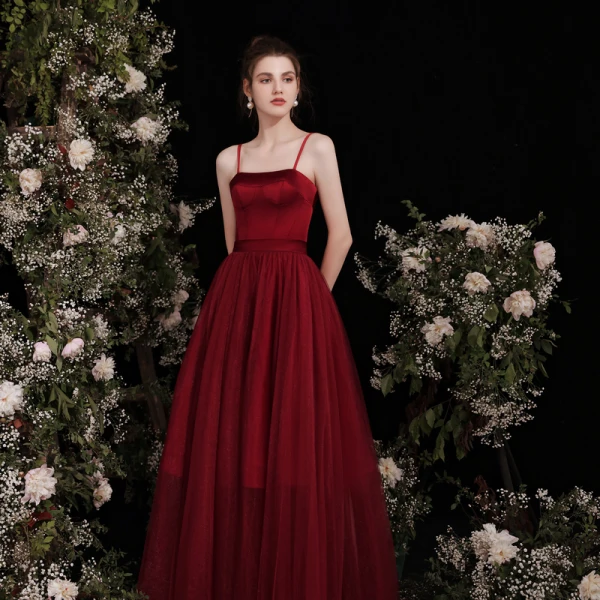 Chic / Beautiful Burgundy Satin Prom Dresses 2021 A-Line / Princess Spaghetti Straps Sleeveless Backless Bow Floor-Length / Long Prom Formal Dresses