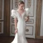Mode Ivory / Creme Satin Brautkleider / Hochzeitskleider Abendkleider 2021 Meerjungfrau V-Ausschnitt Geschwollenes Kurze Ärmel Rückenfreies Hof-Schleppe Hochzeit