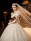 Charmant Ivory / Creme Glanz Brautkleider / Hochzeitskleider 2021 Ballkleid Eckiger Ausschnitt Perlenstickerei Pailletten Spitze Blumen Kurze Ärmel Rückenfreies Königliche Schleppe Hochzeit