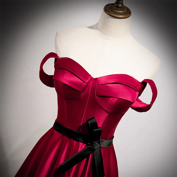 Vintage / Retro Burgundy Satin Prom Dresses 2021 A-Line / Princess Strapless Bow Sleeveless Backless Floor-Length / Long Prom Formal Dresses