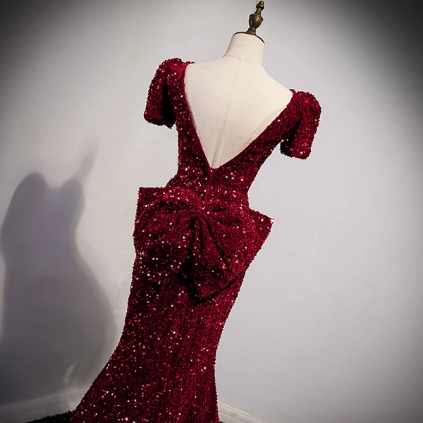 Sparkly Burgundy Sequins Evening Dresses 2021 Trumpet / Mermaid V-Neck Short Sleeve Backless Bow Floor-Length / Long Evening Party Formal Dresses
