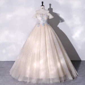 Élégant Champagne Robe De Bal 2022 Robe Boule De L Épaule Perle En Dentelle Fleur Manches Courtes Longue Robe De Ceremonie