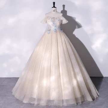 Elegant Champagne Prom Dresses 2022 Ball Gown Off The Shoulder Pearl Lace Flower Short Sleeve Floor Length Long Formal Dresses