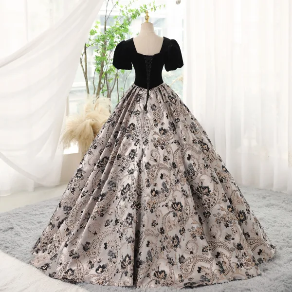 Elegant Black Printing Prom Dresses 2023 Ball Gown Square Neckline Rhinestone Short Sleeve Backless Floor-Length / Long Prom Formal Dresses