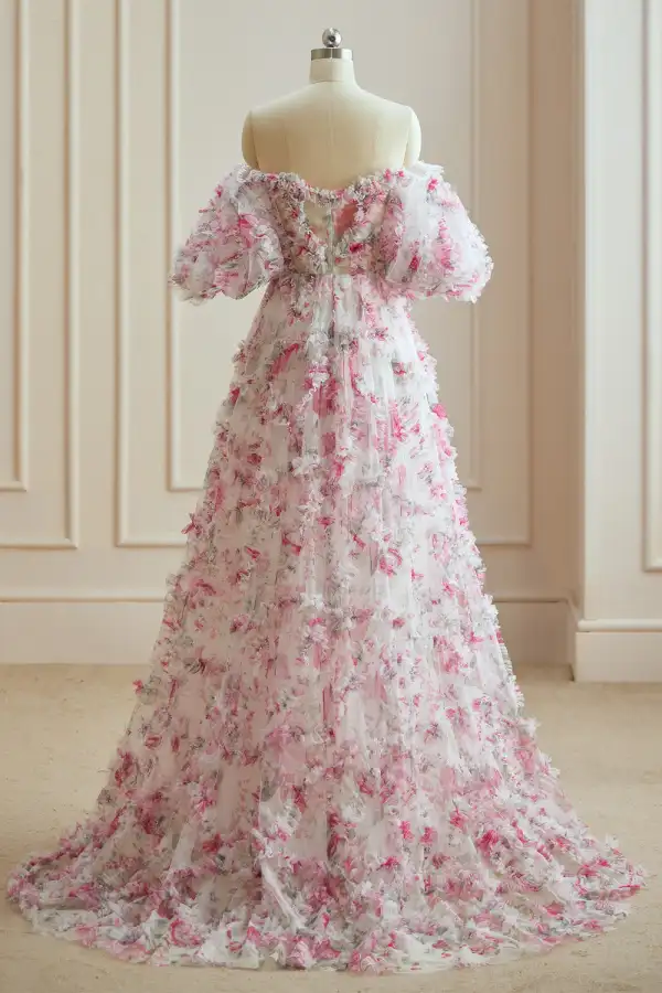 Blomsterfe Hvit Fuchsia Multi-Farger Blomster Ballkjoler 2024 Gripende Ruffles Lange Korte Ermer Forlovelses Kjæreste Formelle Kjoler
