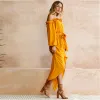 Hermoso Amarillo Casual Verano Vestidos largos 2018 Cinturón Asimétrico Delante De Split Fuera Del Hombro Manga Larga Ropa de mujer