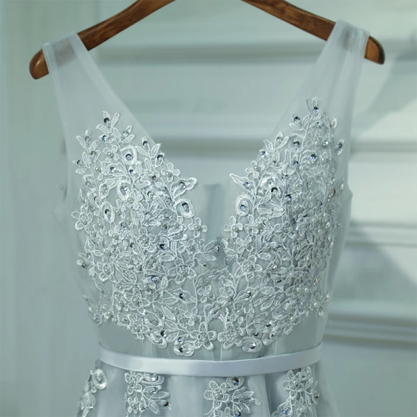 Chic / Beautiful Silver Wedding Party Dresses 2017 Lace Flower Strappy  Sleeveless V-Neck Backless A-Line /