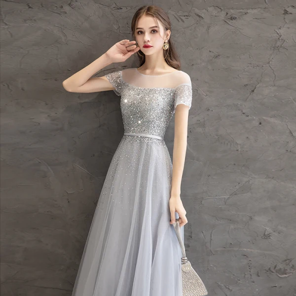 Sparkly Grey Evening Dresses 2019 A-Line / Princess Scoop Neck Beading Sequins Sash Short Sleeve Floor-Length / Long Formal Dresses
