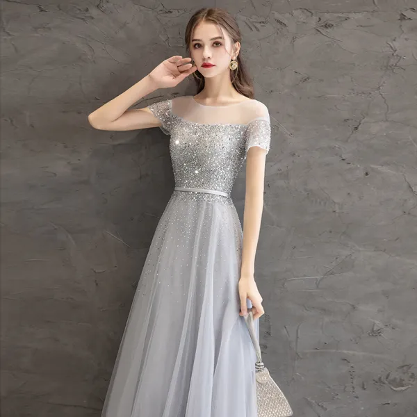 Sparkly Grey Evening Dresses 2019 A-Line / Princess Scoop Neck Beading ...