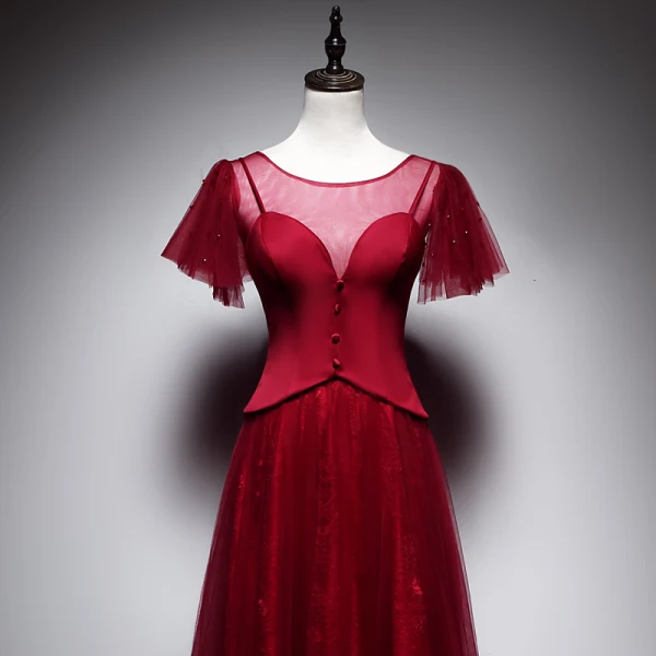 Chic / Belle Bordeaux Robe De Soirée 2019 Princesse Encolure Dégagée Manches Courtes Dos Nu Longue Robe De Ceremonie