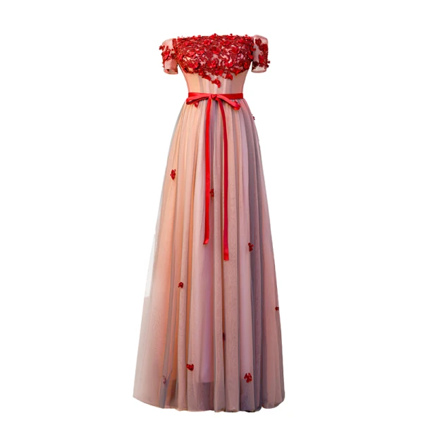 Charmant Rougissant Rose Robe De Soirée 2019 Princesse De l'épaule Cristal En Dentelle Fleur Appliques Manches Courtes Dos Nu Noeud Longue Robe De Ceremonie