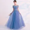 Chic / Beautiful Sky Blue Evening Dresses  2019 A-Line / Princess Off-The-Shoulder Beading Pearl Lace Flower Short Sleeve Backless Floor-Length / Long Formal Dresses