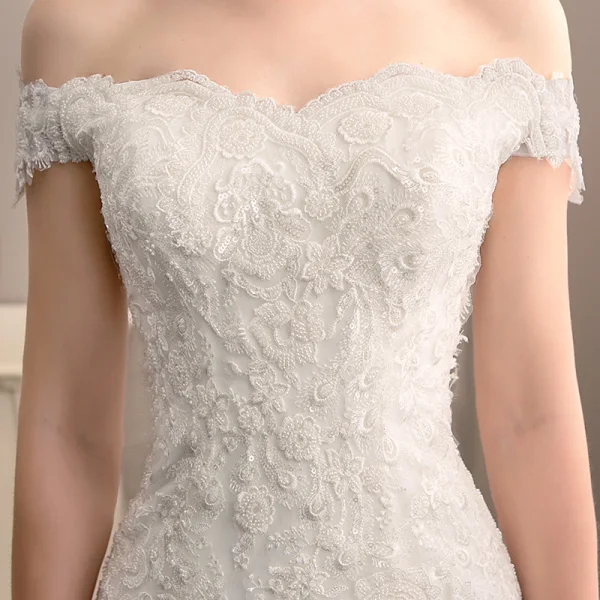 Classy Ivory Wedding Dresses 2019 Backless Trumpet / Mermaid Off-The-Shoulder Beading Pearl Lace Flower Sleeveless Court Train