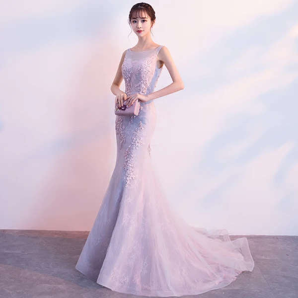 Chic / Belle Rougissant Rose Robe De Soirée 2019 Trompette / Sirène Encolure Dégagée Paillettes En Dentelle Fleur Sans Manches Train De Balayage Robe De Ceremonie