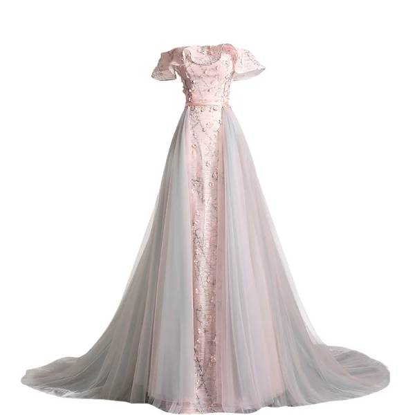 Charmant Rougissant Rose Robe De Soirée 2019 Princesse De l'épaule Appliques En Dentelle Fleur Ceinture Manches Courtes Dos Nu Tribunal Train Robe De Ceremonie