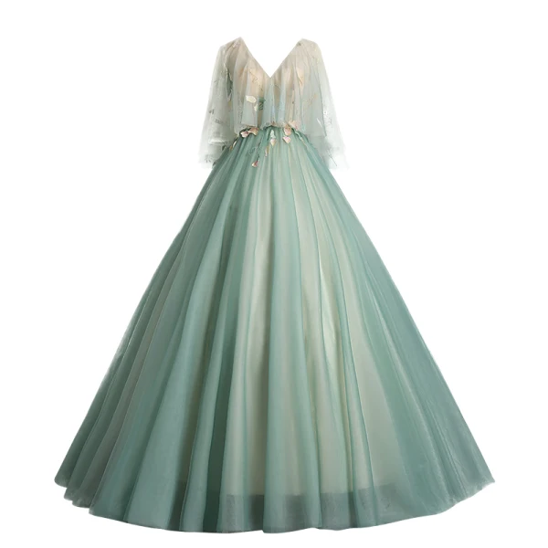 Elegant Sage Green Prom Dresses 2019 Ball Gown V-Neck Lace Flower 1/2 Sleeves Backless Floor-Length / Long Formal Dresses