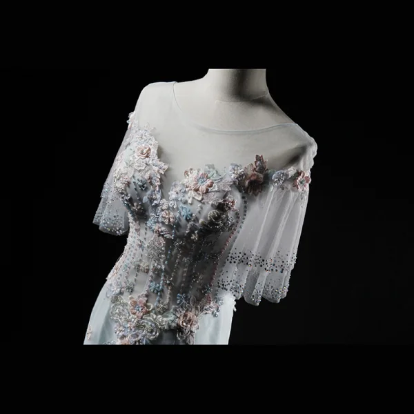 Chic Argenté Vert Cendré Robe De Soirée 2019 Trompette / Sirène Encolure Dégagée Perlage Paillettes En Dentelle Fleur Appliques Perle Manches Courtes Dos Nu Train De Balayage Robe De Ceremonie