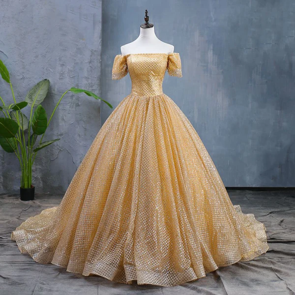 Scintillantes Doré Robe De Mariée 2019 Robe Boule De l'épaule Paillettes Manches Courtes Dos Nu Chapel Train