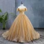 Scintillantes Doré Robe De Mariée 2019 Robe Boule De l'épaule Paillettes Manches Courtes Dos Nu Chapel Train